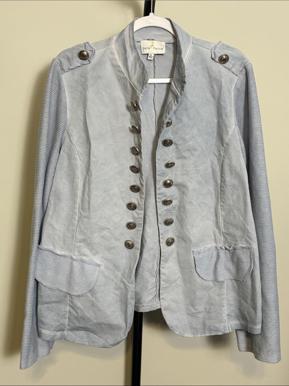 Belle France Pale Blue Military-Button Cotton Blazer Stretchy XL